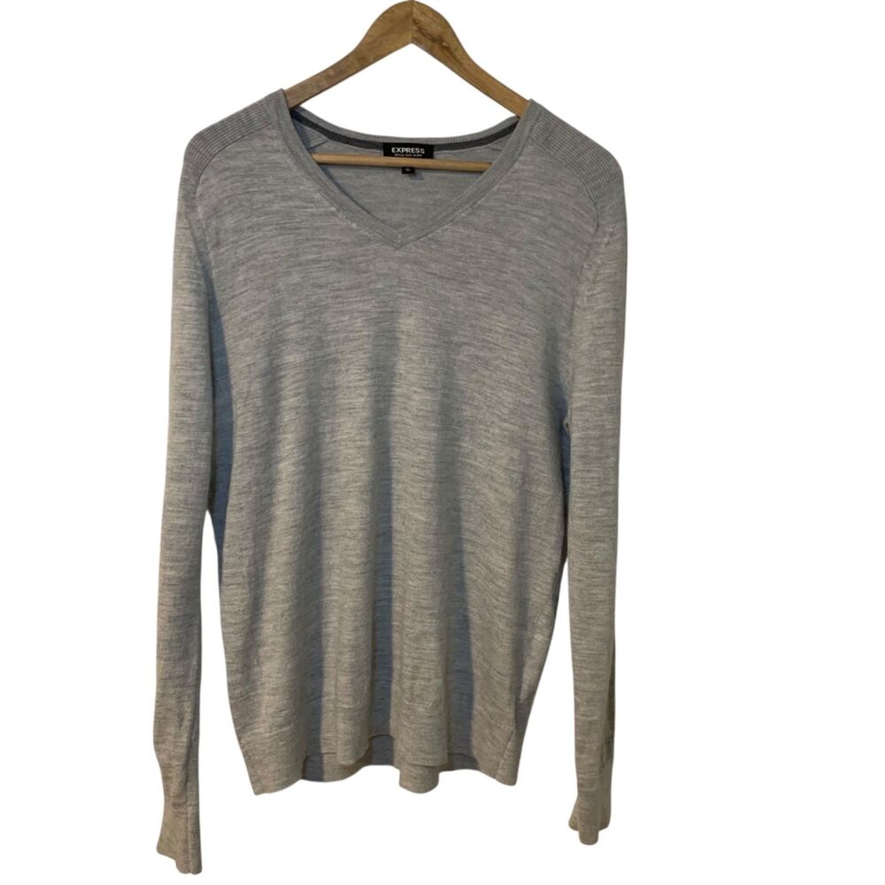 Express Womens Merino Wool Blend V Neck Long Sleeve Preppy Sweater XL Office